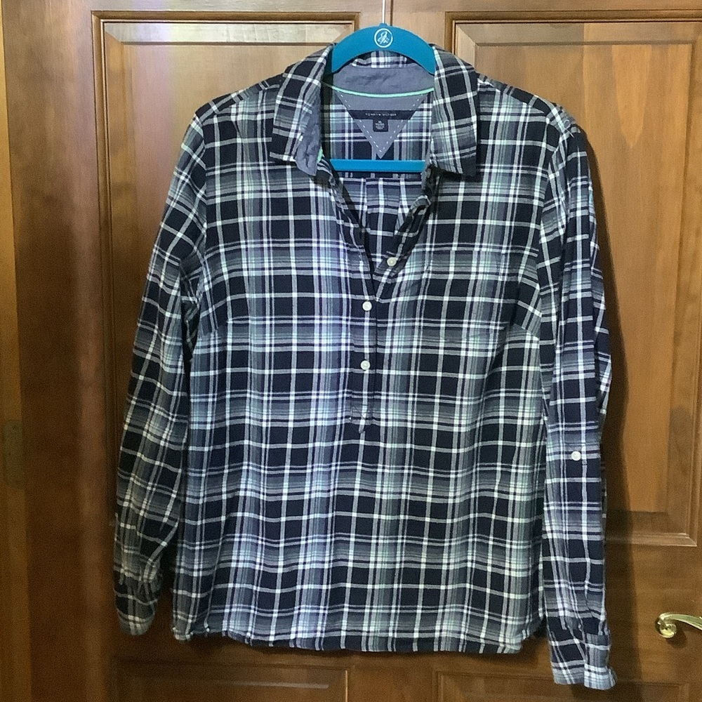 Tommy Hilfiger Women's Navy and White Plaid Button Down Shirt